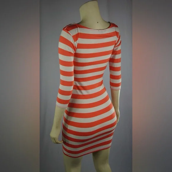 Soprano Coral and White Striped Dress Stretch Comfy Casual Dress 3/4ths Sleeves - Picture 3 of 6